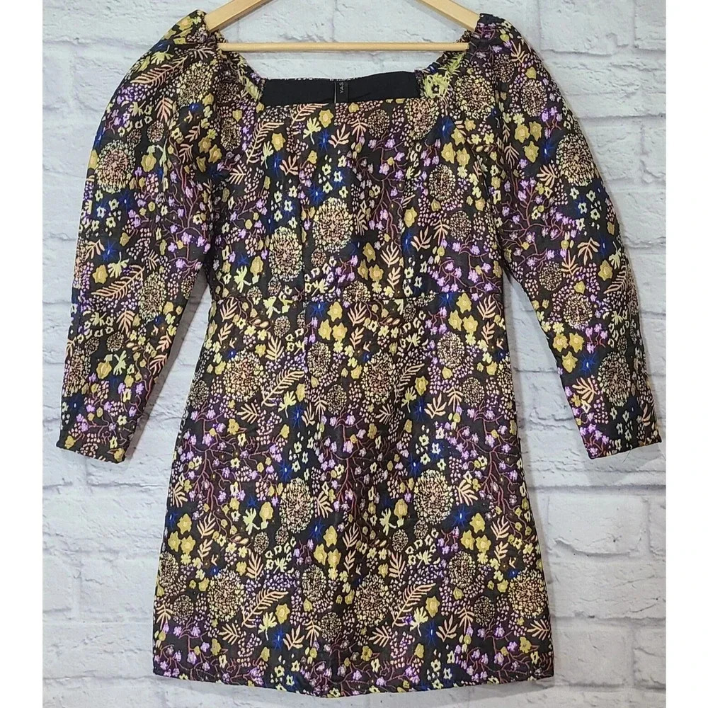 YAS Yisho 7/8 Mini Petite Dress Women's 2 Black Beige Purple Metallic Thread New
